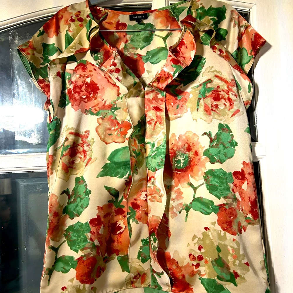 Talbots Floral Ruffle Front Blouse Sz 8